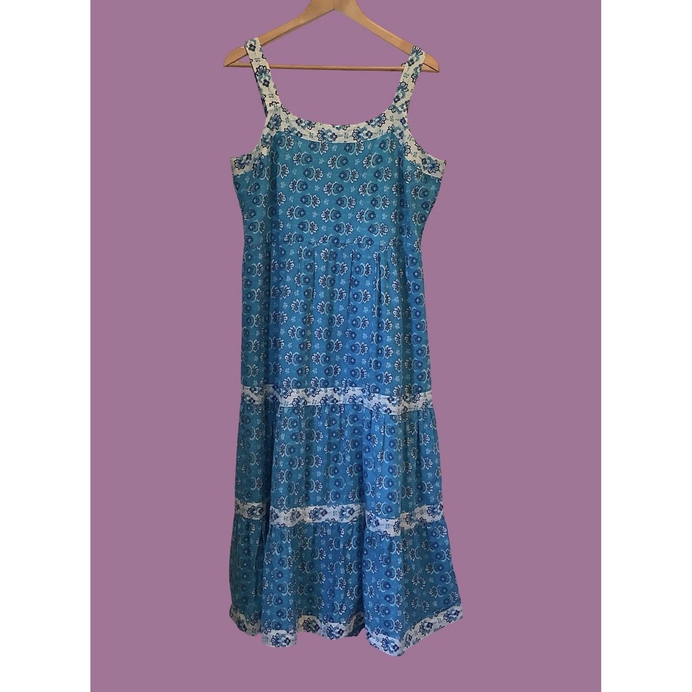 Harlow & Rose Turquoise Blue Cotton Floral Ruffle Maxi Dress Boho Hippie XL